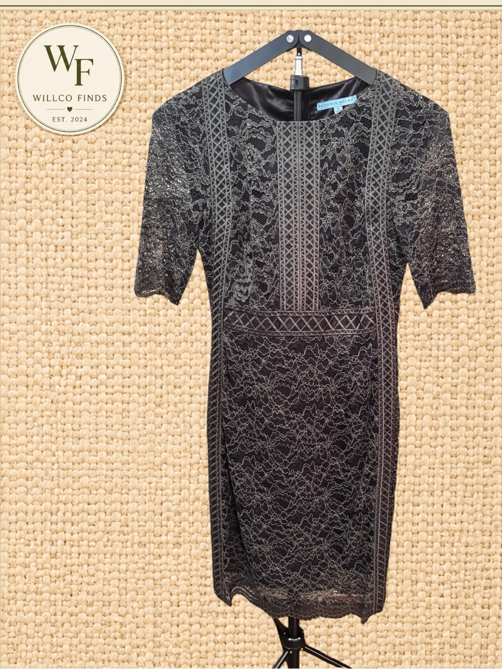 ANTONIO MELANI Dark Green Lace Short-Sleeve Sheath Dress Size 2